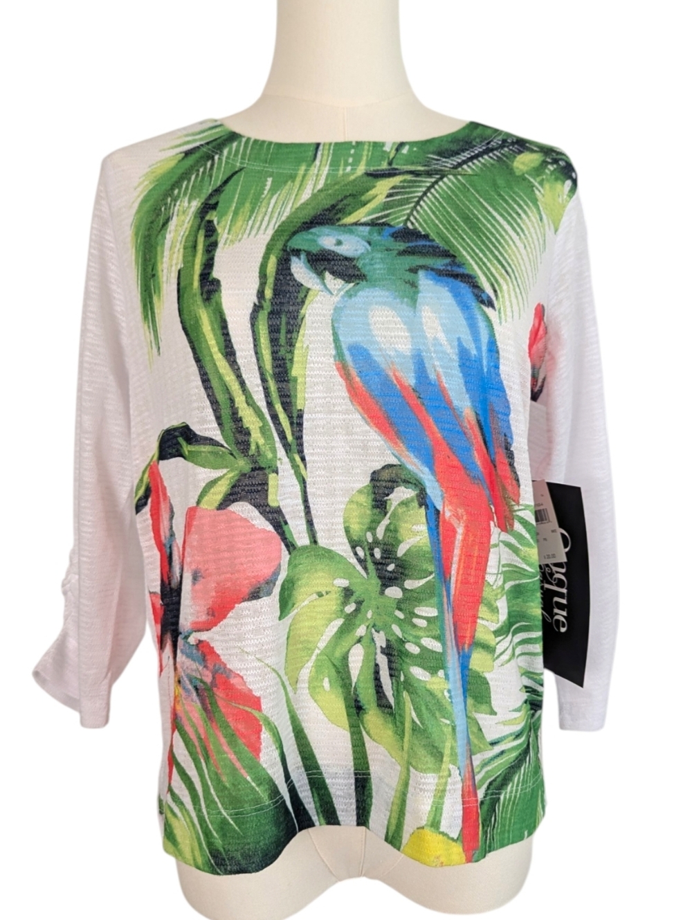 NWT Tropical Painted Parrot White Cotton Blend Woven Top Size Petite Small